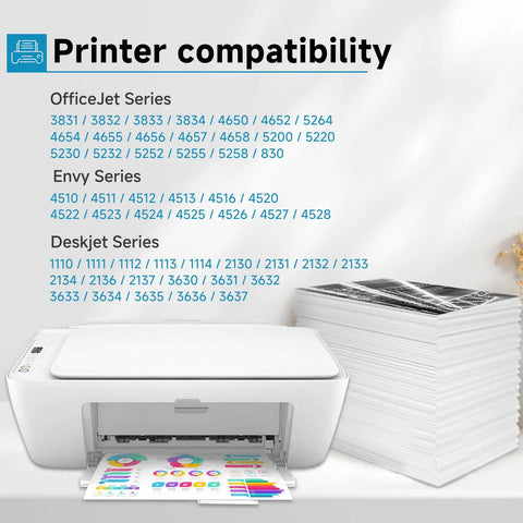 Printer compatibility list next to a DeskJet printer with a stack of paper, showing use of 63XL Black And Color Ink Cartridge Combo Pack