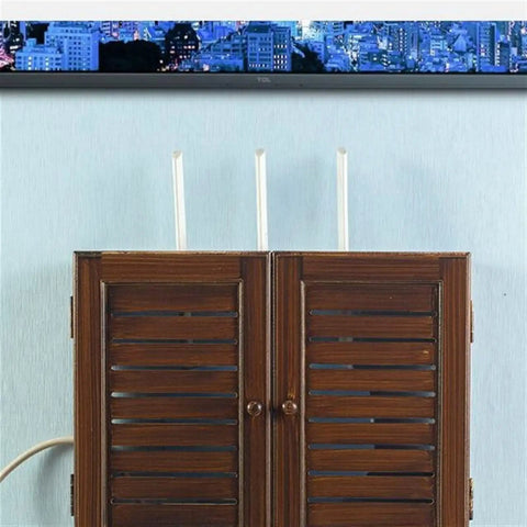 Wall Mounted Cable Organizer Box With Wooden Frame for routers and power strips, tangle free, shown mounted on a wall