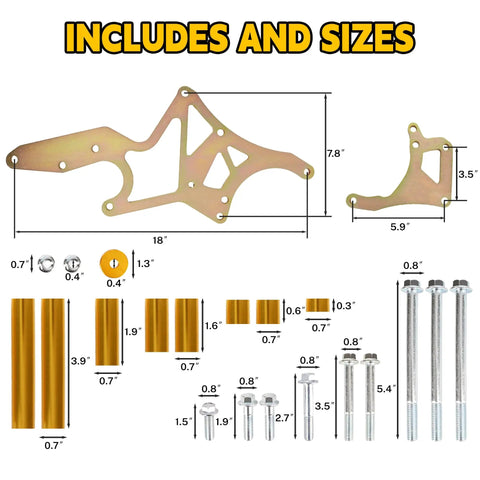 LS Swap Hero Bracket Kit includes aluminum mounting bracket and various bolt sizes for LS engine swaps.