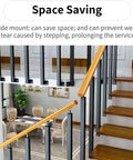 Rock Solid 25 Pack Stair Spindles Side Mount Deck Railing Posts with wooden railing in a modern home staircase setting.