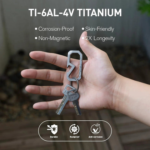 Badass Titanium Keychain Carabiner Multitool With Bottle Opener shown in hand with keys, made of corrosion-proof TI-6Al-4V titanium.