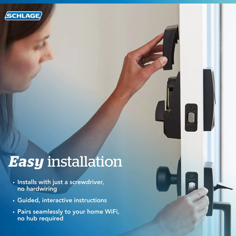 Woman installing Rock Solid Smart WiFi Lock For Front Door Keyless Entry Deadbolt, satin finish, no hardwiring required.