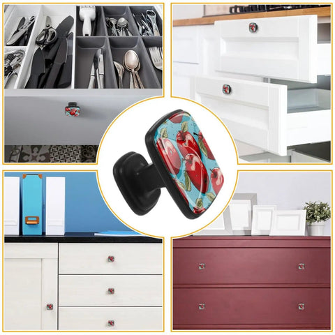 Red Fruit Glass Cabinet Knobs Set Of Four Featuring Bold Square Shapes And Smooth Edges Ideal For Kitchen Drawers And Dressers mounted on drawers.