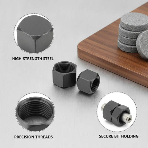Rotary Tool Chuck And Nut Set With High Speed Steel For No Slip, Rock Solid Grip On Bits In Woodworking And Metal Grinding, Stable Bit Retention For Precise Carving, Grinding, And Drilling Tasks. High-strength steel chuck and threaded nut set