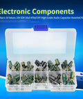 Top Shelf Audio Capacitor Assortment Kit 100 Pieces Of Durable Electrolytic Radial Capacitors 10Uf Through 470Uf And 10V Through 63V in organized plastic box.