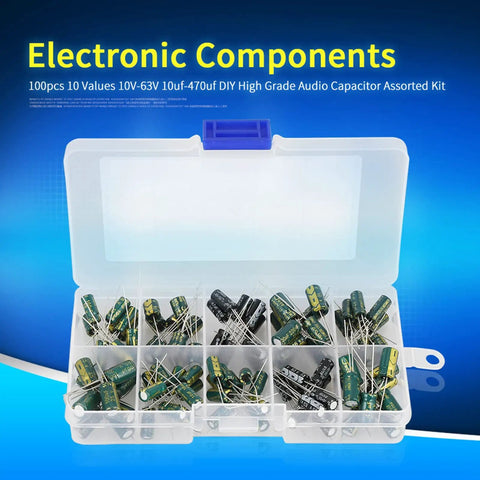 Top Shelf Audio Capacitor Assortment Kit 100 Pieces Of Durable Electrolytic Radial Capacitors 10Uf Through 470Uf And 10V Through 63V in organized plastic box.