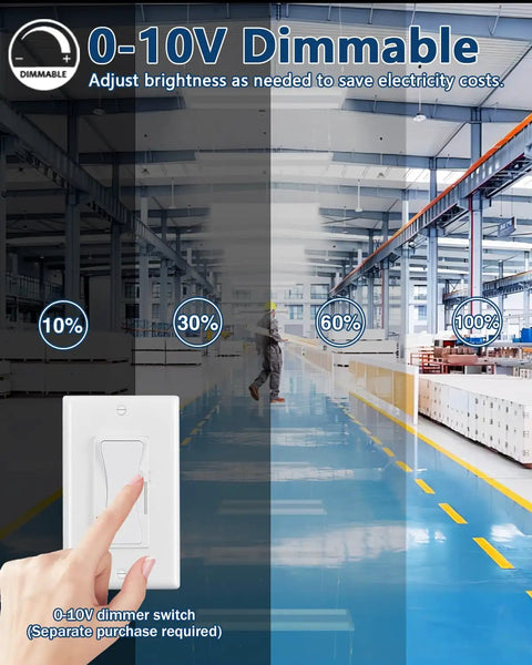 Warehouse dimmer demonstration showing brightness levels with 0-10V switch, Adjustable Wattage High Bay LED Shop Light 4FT 2 Pack Beastly Bright Performance