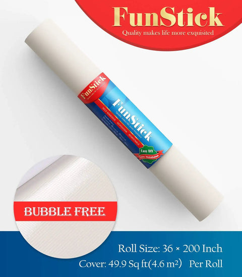 Rolled cream white matte peel and stick wallpaper, 36x200 inches, bubble free, with FunStick branding