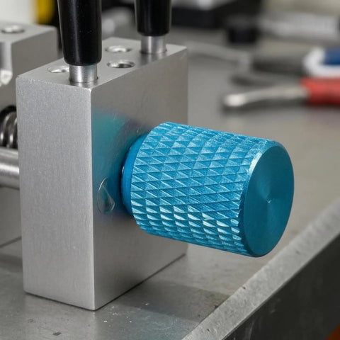 Miniature Bench Vise For Precision Crafting And Hobby Projects, Aluminum Alloy Clamp Vise With Smooth Screw, Handy Tiny Clamp Tool For Delicate Parts, Durable Black Vise close-up with blue knurled knob