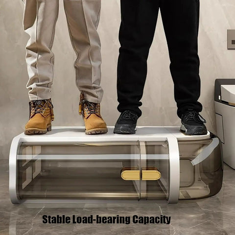 Slick Rolling Storage Cart Featuring Smooth Slide Out Acrylic Compartments And A Removable Ventilated Lid For Keeping Your Space Fresh And Totally Sorted. Two people standing on the cart.