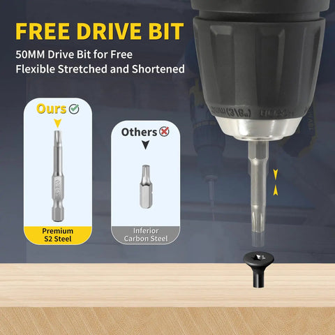 Close-up of drill with premium S2 steel drive bit compared to inferior carbon steel for 3 Inch Deck Screws 138 Pcs Exterior Wood Screws Size 10 Epoxy Coated T25 Star Bit Salt Spray Tested Over 1500 Hours Rust Resistant for Outdoor Decking and Fencing.