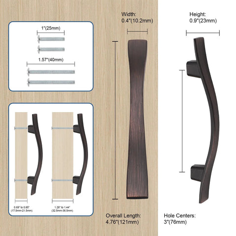 30 Pack Bridge Design Cabinet Handles, 3 Inch Hole Centers, Oil Rubbed Bronze Zinc Alloy Drawer Pulls with dimensions and screws