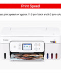 Front view of G3290 All In One Wireless Supertank Printer with color touchscreen and visible ink levels on the side.