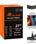 Box and features of Two Pack Heavy Duty Bike Tubes With AV32mm Schrader Valve for 27x1 1/4 and 27x1 3/8 tires