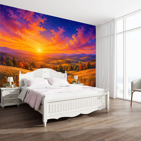 Classic Countryside Landscape Peel And Stick Wallpaper featuring a sunset, 69x96 inches, bright colors for bedroom decor.