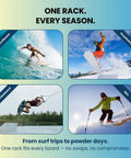 Premium Bamboo Surfboard Wall Rack Stashes Three Boards For Gnarly Garage Gear Stash With Built In Tray And Secure Heavy Duty Hooks For Wake And Ski Display, showcasing surf, snowboard, wakeboard, and ski activities.