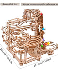 Mechanical Marble Run Puzzle Kit With Chain Hoist 335 Pieces And 8 Marbles shown assembled with size dimensions