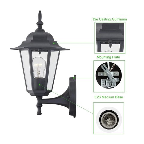 Rock Solid Black Outdoor Wall Sconce For Porch Lighting Fixture with clear glass shade and E26 base, showing mounting plate and detail.