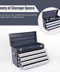 21 Inch Freestanding Rolling Tool Chest With Slick Auto Locking Drawers And Smooth Ball Bearing Slides Heavy Duty Utility Storage Cabinet For Mobile Workspaces And Daily Grinds Antique Grey open showing 4 drawers and top compartment for tools.