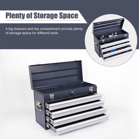 21 Inch Freestanding Rolling Tool Chest With Slick Auto Locking Drawers And Smooth Ball Bearing Slides Heavy Duty Utility Storage Cabinet For Mobile Workspaces And Daily Grinds Antique Grey open showing 4 drawers and top compartment for tools.