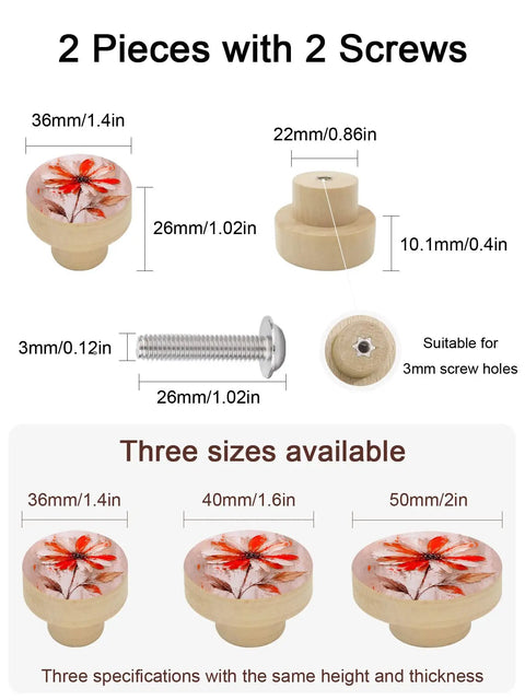 Kickass Red Floral Wooden Cabinet Knobs Solid Beech Drawer Handles One Point Four Inch Round Kitchen Cupboard Pulls with screws