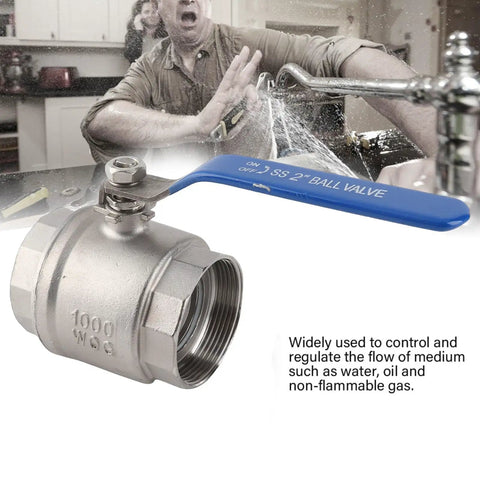 Badass 304 Stainless Steel Ball Valve Two Piece Full Port 2 Inch Female Thread for plumbing leak control and flow regulation.