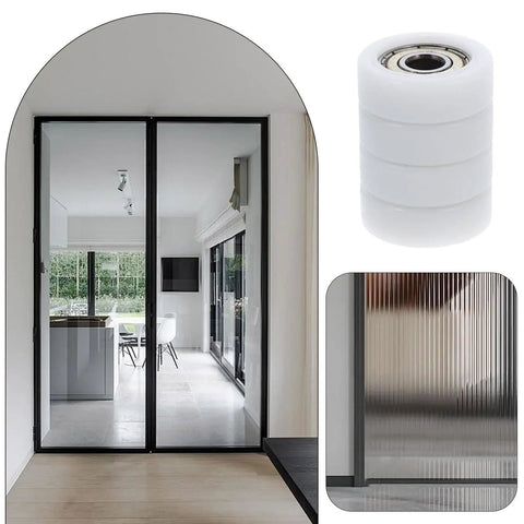Top Shelf Set Of 4 Sliding Door And Window Pulleys Zero Sweat Replacement Nylon Guide Rollers Easy Install Fits Most Tracks Quick Swap 30mm Hardware displayed with sliding doors in a modern interior.