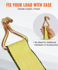 2 Inch By 15 Foot Ratchet Straps with Double J Hooks closeup, showing yellow strap and padded handle detail