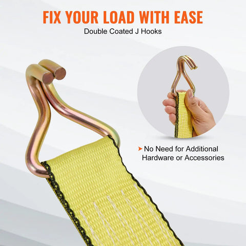 2 Inch By 15 Foot Ratchet Straps with Double J Hooks closeup, showing yellow strap and padded handle detail