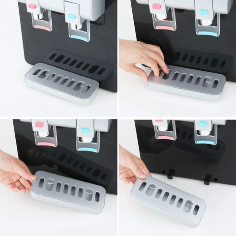 Tray removal demonstration for Desktop Water Cooler Dispenser with hot and cold water, top loading child safety lock, modern countertop