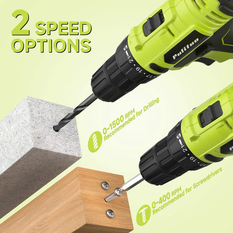 Rock Solid Go Getter 20V Cordless Drill Driver With Two Rechargeable Batteries 30 Nm Torque And 21 Plus One Settings for two speed options drilling tasks.
