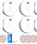 Photoelectric Smoke Detector With 10 Year Sealed Battery And Low Power Alert UL Certified For Home Bedroom 12 Pack display with smoke alarms and batteries.