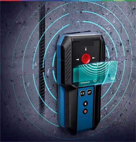 Pro Grade Auto Calibrating Stud Finder Wall Scanner detecting live wires on a concrete wall with a sleek blue design.