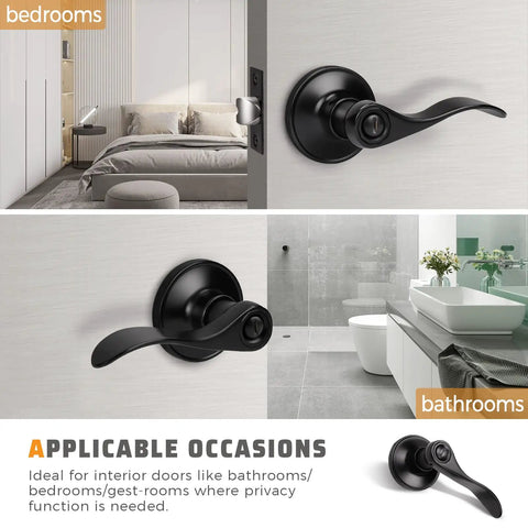 Solid 10 Pack Matte Black Interior Door Knobs With Privacy Lever For Bedroom Doors reversible for bathrooms, detailed view.