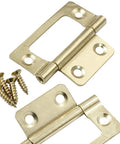 Heavy Duty Ten Pack Two Inch Gold Non Mortise Door Hinges With Mounting Screws For A Straight Shot Setup, showing two hinges and screws.