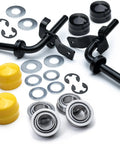 Complete Heavy Duty Steering Spindle Repair Kit With Reinforced Steel Shielded Ball Bearings And No Sweat Bushing To Bearing Conversion Hardware For Big Iron parts including black spindle arms, washers, and yellow caps.