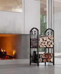 Five Piece Firewood Log Rack And Tools Set For Fireplace And Fireside Use Black Storage Holder for Logs next to modern fireplace.