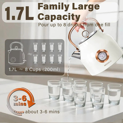 1.7L Stainless Steel Electric Kettle With Big Temperature Gauge And LED Indicator, 1500W Fast Boil For Quick Tea Or Coffee