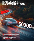 Rear view of a white car on a winding road with replacement recommendations for timing belts in kilometers.