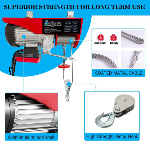Handle Heavy Lifting Jobs Like A Pro With This Two In One Electric Hoist Featuring Dual Wired Wireless Remotes 328 Foot Range 110 Volt Motor And Rock Solid 1320 Pound Capacity, showcasing the electric hoist's aviation aluminum shell and coated metal cable.