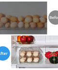 Before and after using Automatic Rolling Egg Holder For Refrigerator, Clear Stackable Egg Dispenser With Lid in fridge.