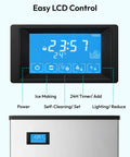 Pro-Level Commercial Icemaker Drops Heavy Cubes Quick With A Slick SECOP Motor And Zero Hassle Storage Bin LCD control panel display.