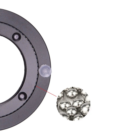 Close-up of the Badass Heavy Duty Six Inch Aluminum Alloy Turntable Bearing Base Black Lazy Susan showing roller tracks and bearing design.