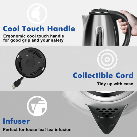 Stainless Steel Electric Kettle 1.8 Liter Fast Boil Tea And Coffee Kettle With Auto Shut Off Boil Dry Protection features