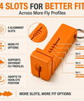Two Pack Magnetic Fly Threader And Knot Tying Tool With Keychain In Orange, Grab And Go Fishing Gear For Quick Threading And Easy Secure Knots, Great Spare Set For You And Your Buds On The Water. Orange fly threader with 4 alignment slots and keyring
