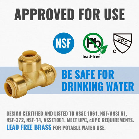 Half Inch Push To Connect Tee Fittings Pack Of 2 No Lead Brass Tee Connector For PEX Copper And CPVC Plumbing UPC And CUPC Certified ASSE 1061 NSF ANSI 61 With One Disconnect Clip For Quick Easy Installations brass fitting with NSF certification logo