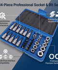 Grip Tight 34 Piece Socket Wrench Tool Set Featuring Knockout 3 In 1 Drive System showing chrome vanadium sockets in a blue case.