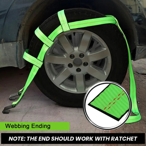 Tow Dolly Basket Harness 2 Pack, Heavy Duty Tire Net Cover fits 14 to 19 inch rims, green webbing on wheel.
