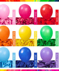 Top Shelf Fifty Piece Assorted Rainbow Five Inch Thick Durable Latex Balloons For Weddings Birthdays And Bashes Fresh Multicolor Party Decor with pink, red, orange, yellow, green, blue, and purple balloons.