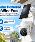 Wireless 2K HD Outdoor Security Camera With Massive 6000mAh Battery And Smart AI Motion Alerts And Rockin Night Vision And Crystal Clear Two Way Audio And Rugged IP65 Weather Armor For Home Defense White mounted with solar panel.
